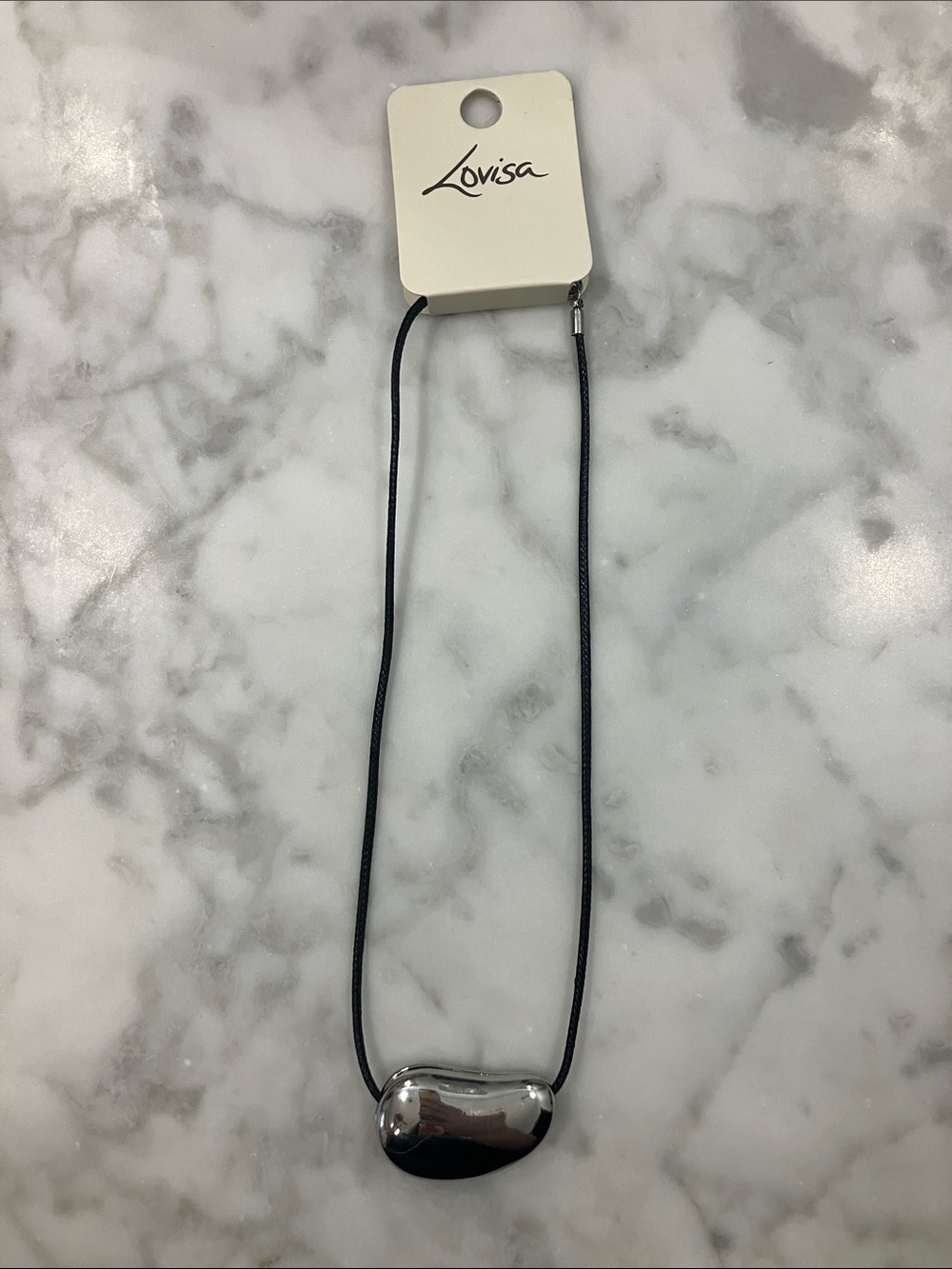 Lovisa Black Cord Necklace with Silver metallic Bean Pendant NWT adjustable